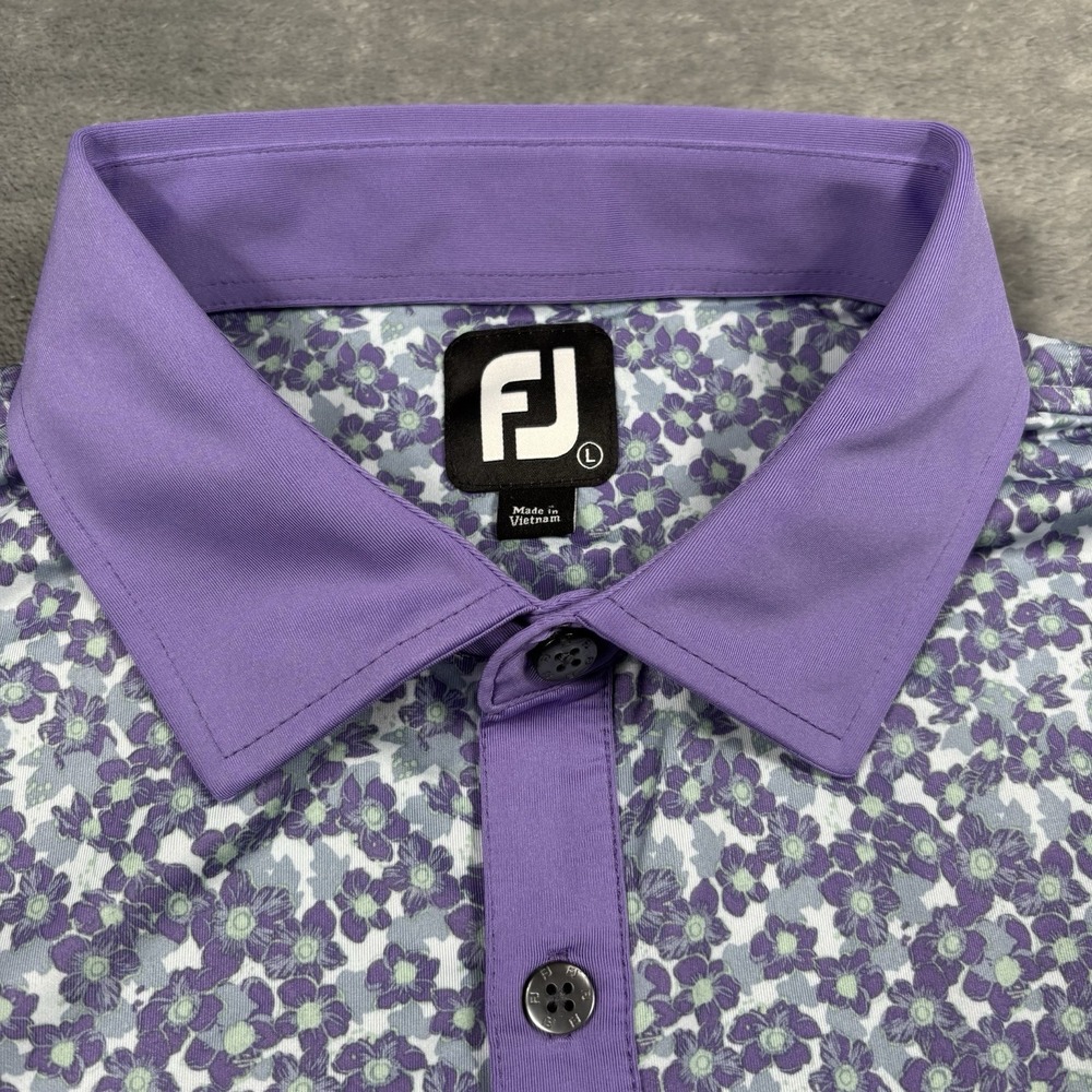 FootJoy Polo Shirt Mens Large Primrose Print Lisle Purple Floral Loud Golf - Picture 3 of 8
